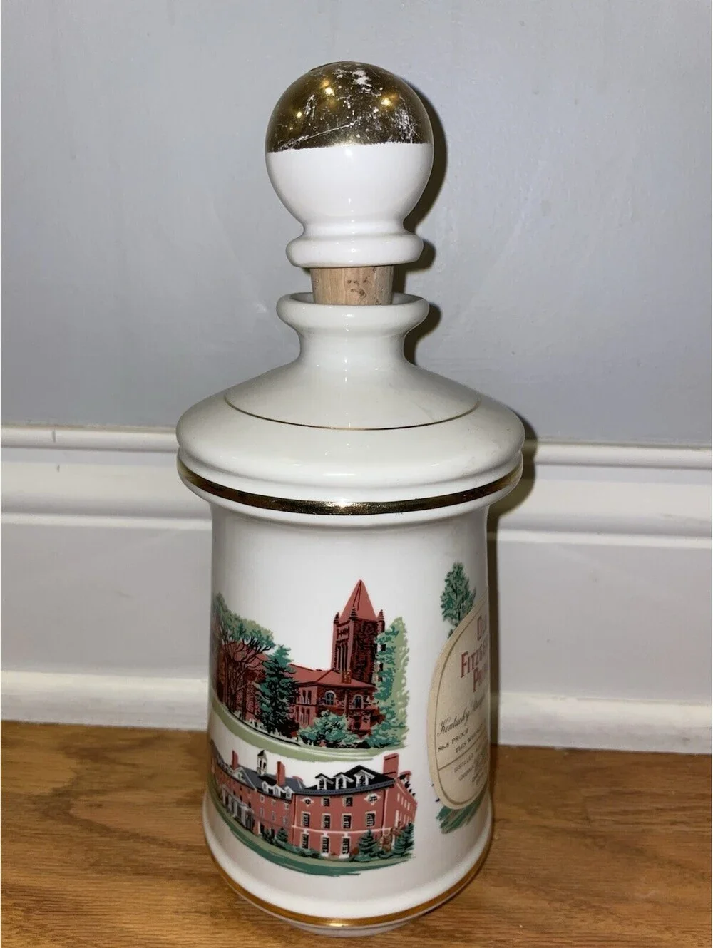 Old Fitzgerald Chief Illini Illinois Football Decanter Porcelain 1970s